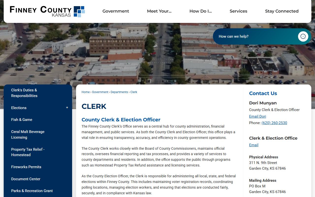 Finney County Clerk of the District Court page distinguishing County Clerk records