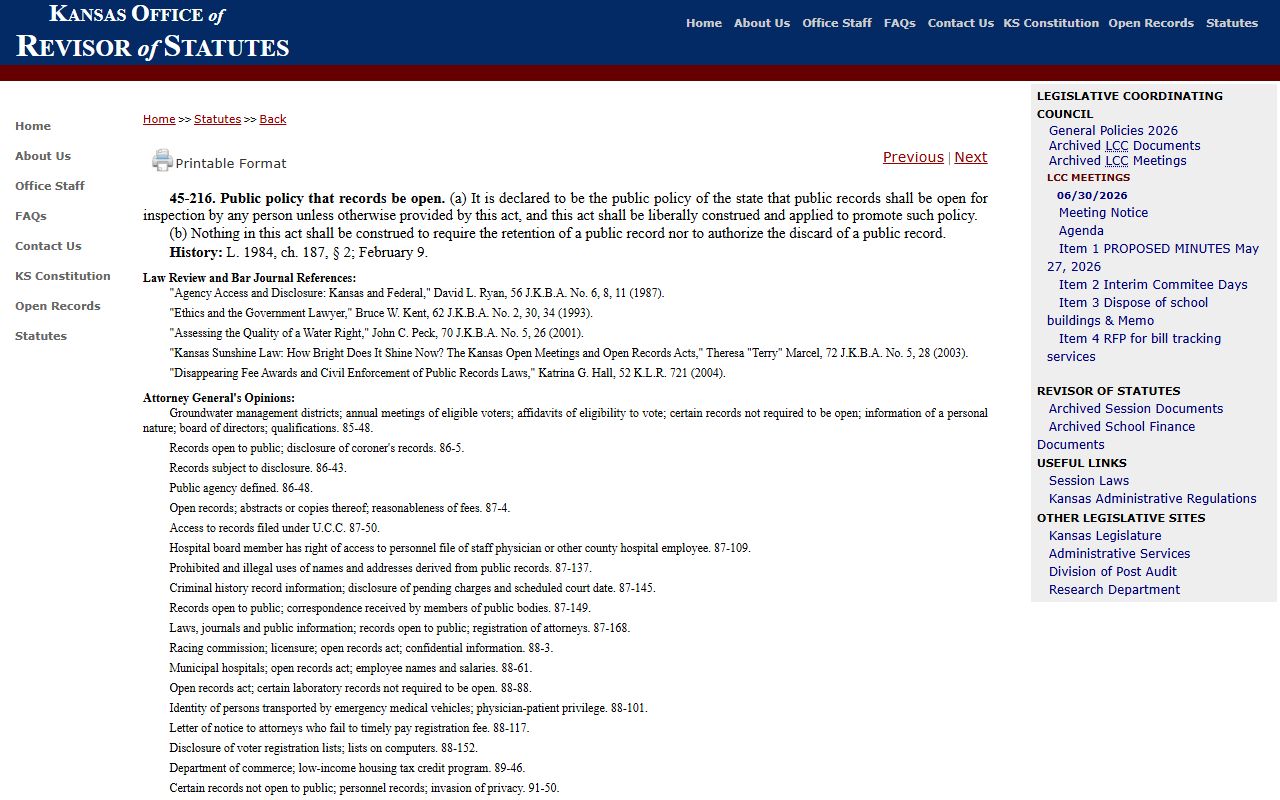 Finney County court records KSA 45-216 public records policy