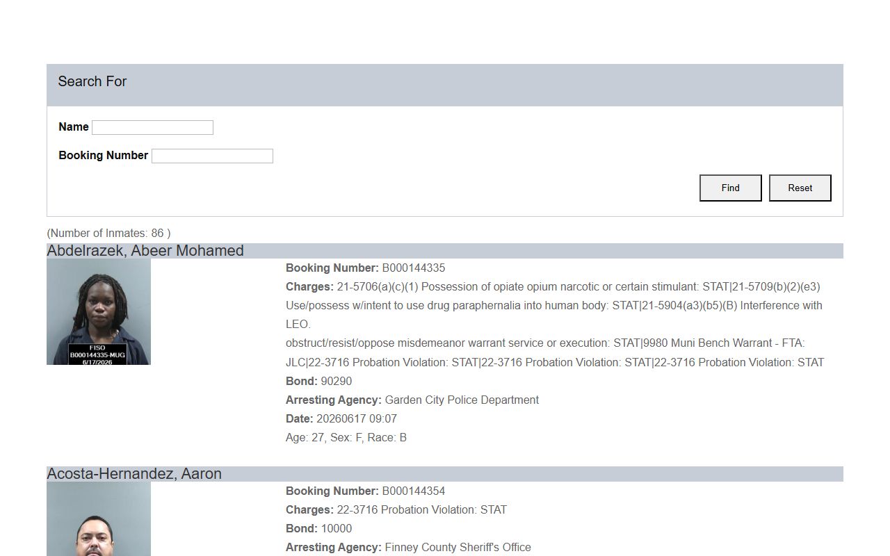 Finney County jail roster search fields