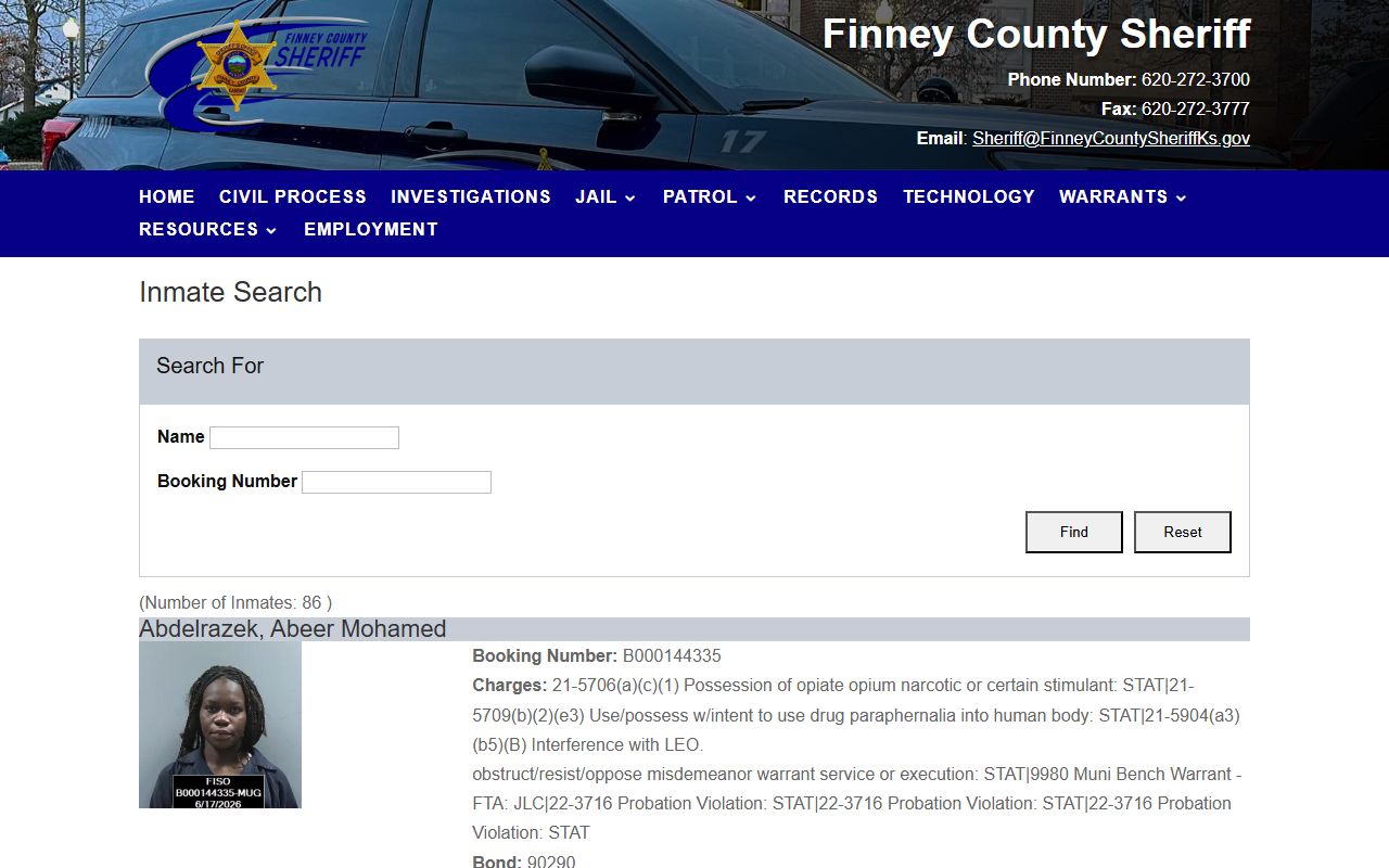 Finney County inmate records sheriff inmate search page