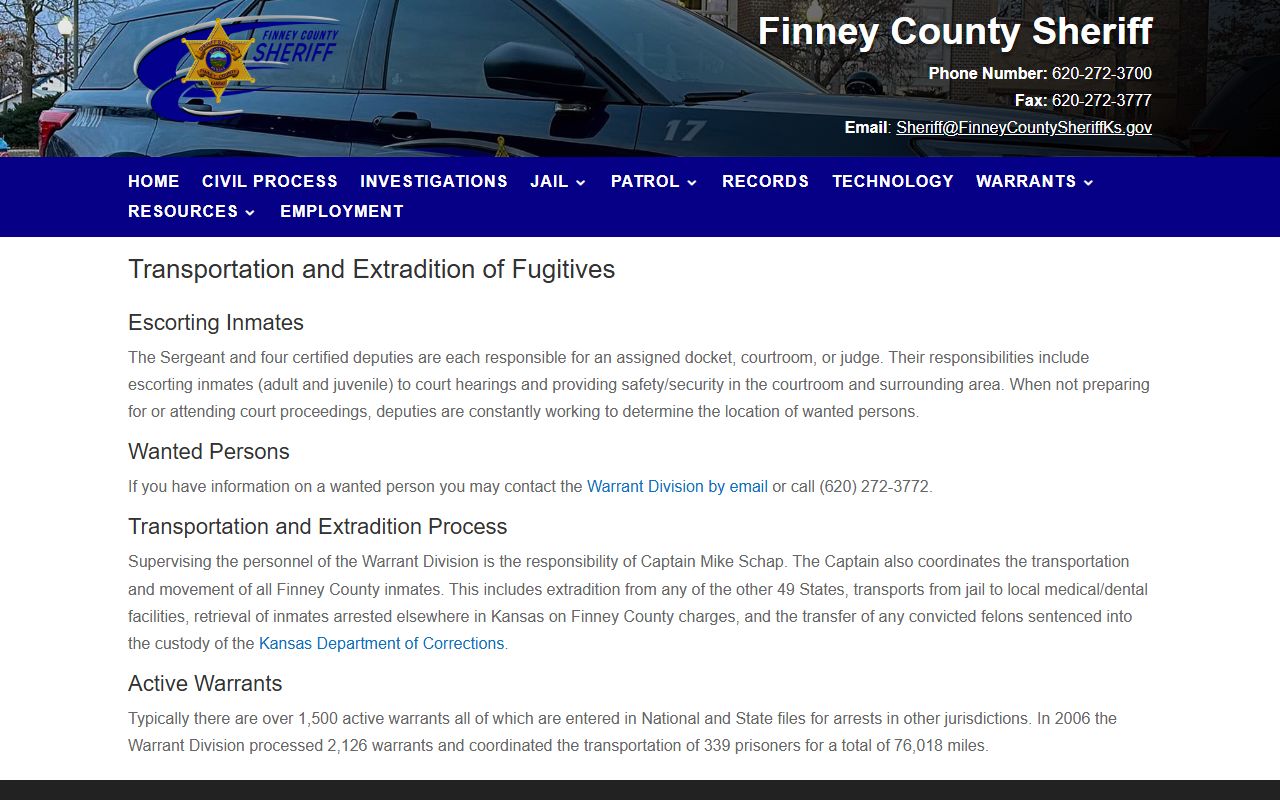 Finney County warrant division transportation and extradition